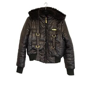 Apple Bottoms Black Puffer Jacket Women L Faux Fur Hood Gold Hardware Y2K Bomber